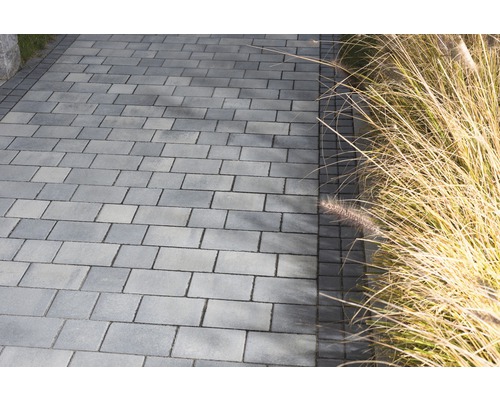 Gepflasterter Weg mit rechteckigen Betonsteinen und Ziergras