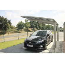 Ein Auto parkt unter einem Carport.