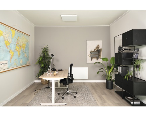 Büro mit höhenverstellbarem Schreibtisch, Heizpaneel und schwarzem Regal