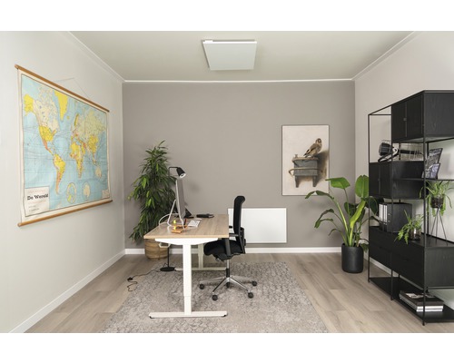 Büro mit Schreibtisch, Bürostuhl, Regal, Weltkarte und Infrarotheizung