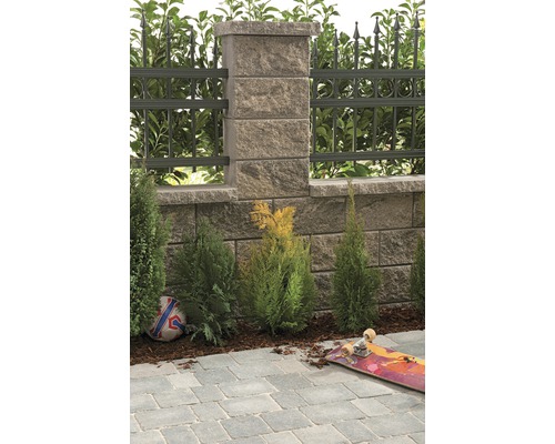 Gartenansicht mit Steinmauer und Zaun