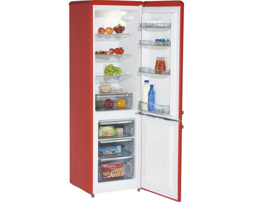 Geöffneter roter Kühlschrank mit Lebensmitteln