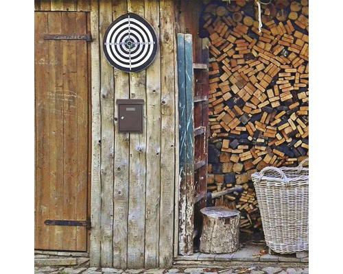 Holzschuppen mit Briefkasten, Dartscheibe, Holzstapel und Weidenkorb