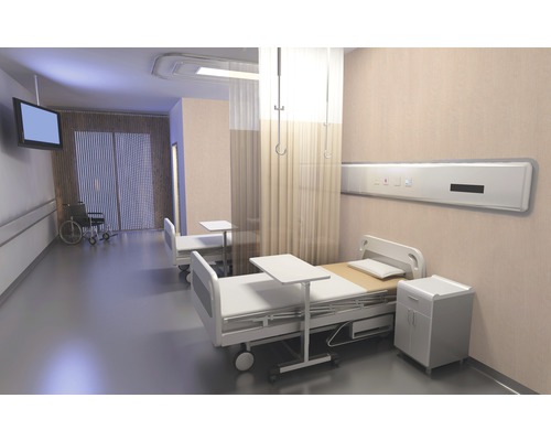 Krankenhauszimmer mit Betten, Vorhang, Rollstuhl und Fernseher