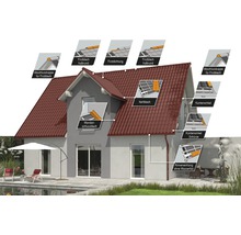 Haus mit Detailansichten zu Firstblech, Firstdichtung, Kehlblech, Wandanschlussblech und Dachentwässerung