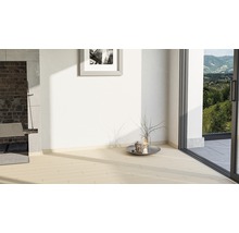 Heller Raum mit Bodenfliesen, Grillplatz und Ausblick ins Grüne