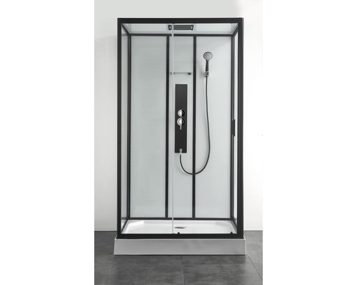 Komplette Duschkabine mit schwarzem Rahmen, Duschkopf und Armaturen