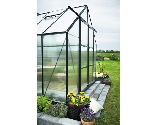 Gewächshaus mit Stufen und Pflanzen auf einer Rasenfläche