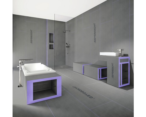 Modernes Badezimmer mit Duschbereich, Badewanne, Waschbecken und grauen Wand- und Bodenplatten