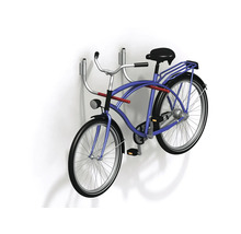 Blaues Fahrrad an einer Wandhalterung für Fahrräder