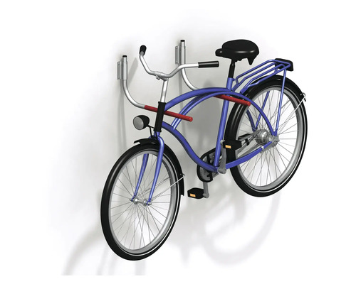 Blaues Fahrrad an einer Wandhalterung für Fahrräder