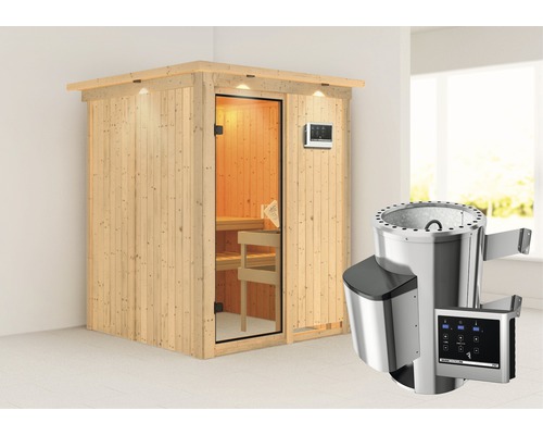 Plug & Play Sauna Karibu Achat I inkl. 3,6 kW Ofen u.ext.Steuerung und Dachkranz mit bronzierter Ganzglastüre