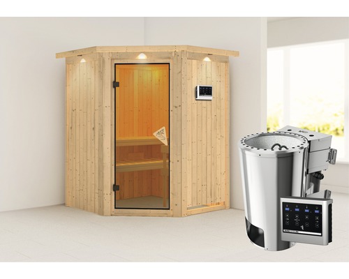 Plug & Play Sauna Karibu Achat II inkl. 3,6 kW Bio Ofen u.ext.Steuerung und Dachkranz mit bronzierter Ganzglastüre