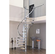 Wendeltreppe aus Metall und Holz in einem Wohnraum.