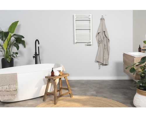 Modernes Badezimmer mit Badewanne, Waschtisch, Handtuchwärmer und Dekorationen.