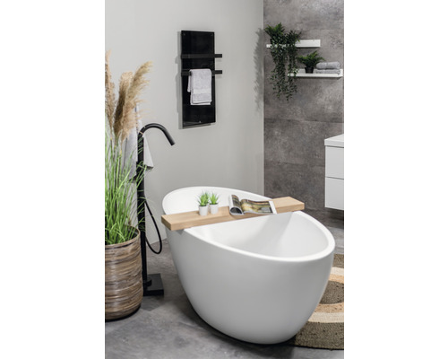 Badezimmer mit freistehender Badewanne, Handtuchwärmer und Dekoration