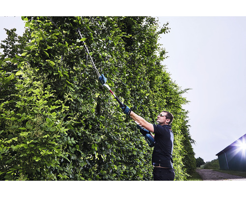 Ein Mann schneidet eine Hecke mit einer Akku-Heckenschere