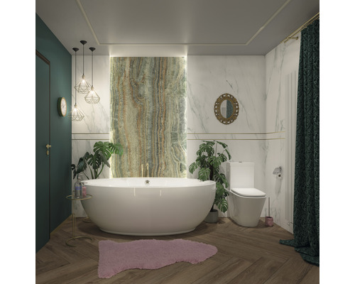 Modernes Badezimmer mit freistehender Badewanne, Toilette und Pflanzen