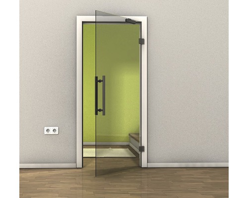 Geöffnete Glastür mit Griff und Türrahmen in einem Raum