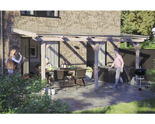Terrassenüberdachung SKAN HOLZ Rimini 541x250 cm natur Holzterrasse mit Sitzgruppe, Whirlpool und Grill