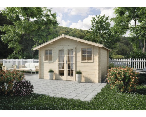 Gartenhaus Konsta Bergen inkl. Fenster Fußboden Unterkonstruktion 380 x 280 cm Garten Szene mit Holz Gartenhaus, Terrasse mit Gartenmöbeln und Zaun