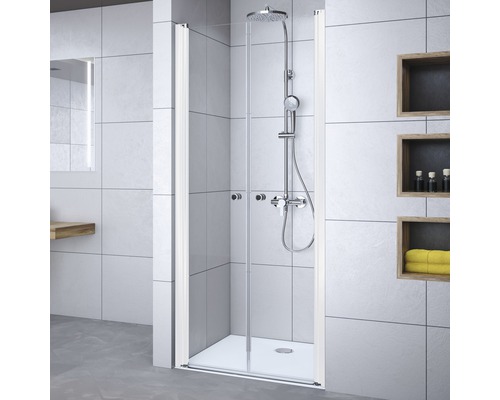 Pendeltür für Nische Breuer Elana 6 750x2000 mm Echtglas Klar hell weiß Duschabtrennung mit Duschtasse und Armatur im Badezimmer