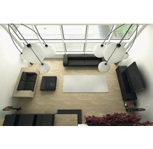 Ansicht von oben auf ein Wohnzimmer mit Sofa, Tisch, Deckenleuchten und Zimmerpflanze.