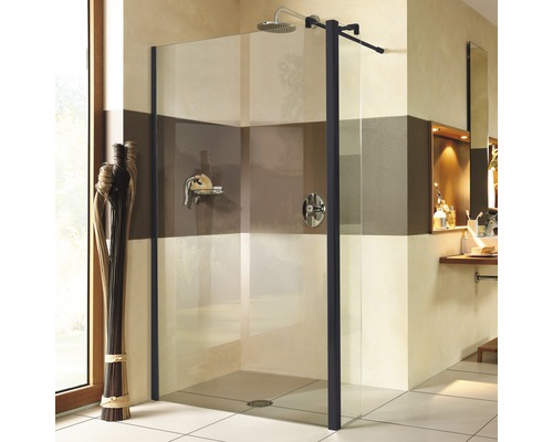 Ebenerdige Dusche mit Glaswand und schwarzem Rahmen im Badezimmer.