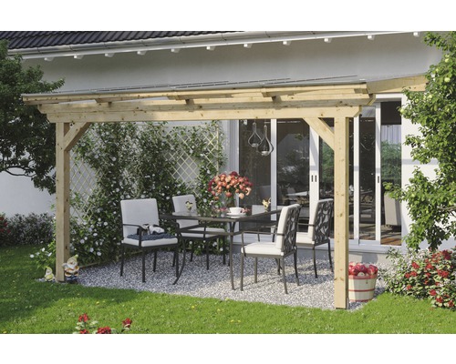 Terrassenüberdachung SKAN HOLZ Ancona 434x400 cm natur Terrasse mit Holzüberdachung, Tisch und Stühlen in einem Garten