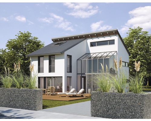 Modernes Einfamilienhaus mit Terrasse, Gartenmöbeln und Gabionen