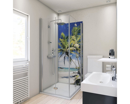 Duschrückwand Breuer Decodesign 900x2100x3 mm Foto Palmen Badezimmer mit Duschkabine, Waschbecken und Toilette