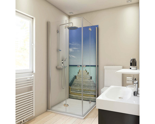 Duschrückwand Breuer Decodesign 900x2100x3 mm Foto Steg Badezimmer mit Duschkabine mit Strandmotiv, Waschbecken und Toilette