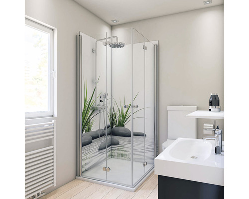 Duschrückwand Breuer Decodesign Eck 900x2100x3 mm Foto Zen & Gras Badezimmer mit Duschkabine mit Steinmotiv, Toilette und Waschbecken