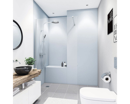 Duschrückwand Breuer Decodesign 900x2100x3 mm silbergrau Modernes Badezimmer mit Dusche, Waschbecken, Toilette und grauen Fliesen