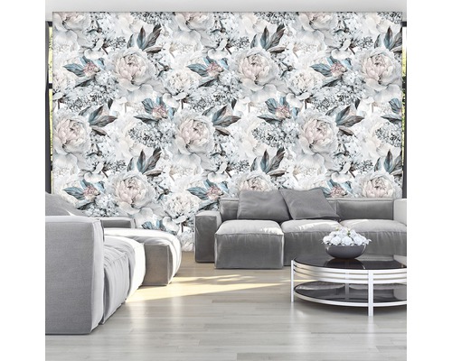 Wohnzimmer mit Fototapete mit Blumenmuster
