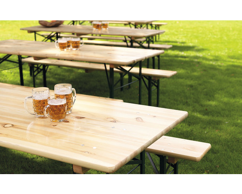 Mehrere Biertischgarnituren auf einer Wiese mit Bierkrügen