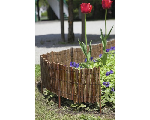 Beeteinfassung aus Weide mit Tulpen und Veilchen