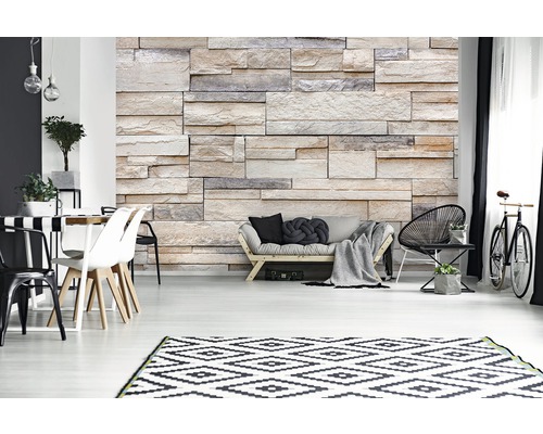 Wohnzimmer mit Sofa, Stühlen, Tisch, Fahrrad und einer Wand mit Steinoptik
