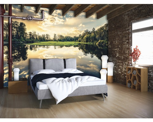 Schlafzimmer mit Fototapete mit See-Motiv