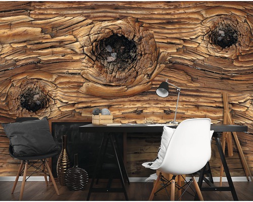 Büro mit Fototapete in Holzoptik, Tisch und Stuhl