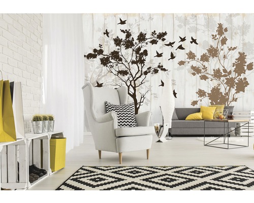 Wohnzimmer mit Baum und Vögeln Wandtattoo, Sessel und Sofa