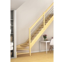 Holztreppe mit Edelstahlgeländer in hellem Wohnraum