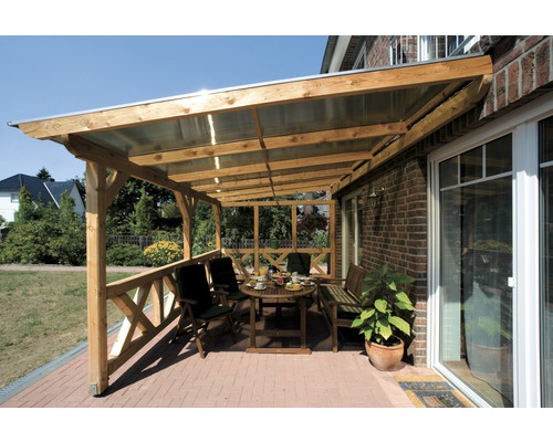 Seitenwand Andreaskreuz SKAN HOLZ 255 x 209 cm, Douglasie, natur Überdachte Holzterrasse mit Möbeln auf Ziegelboden
