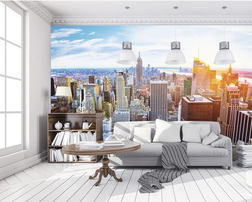 Wohnzimmer mit Fototapete einer New Yorker Stadtansicht