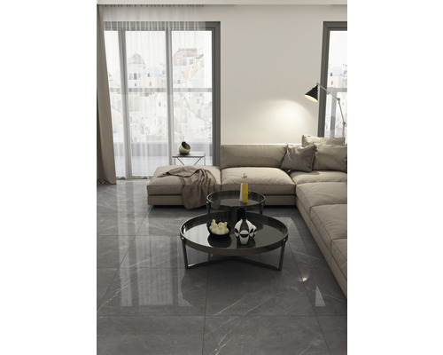 Wohnzimmer mit grauen Bodenfliesen, Sofa und Couchtischen.