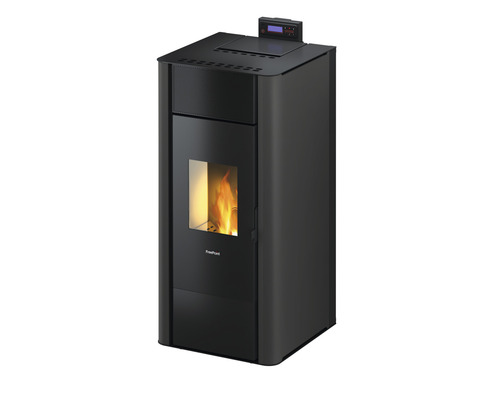 Schwarzer Pelletofen mit Sichtfenster und digitaler Steuerung