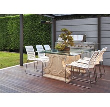 Außenbereich mit Gartentisch mit Glasplatte, Gartenstühlen, Grill und Bonsai-Baum
