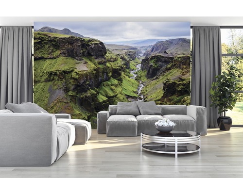 Wohnzimmer mit Fototapete einer grünen Schlucht
