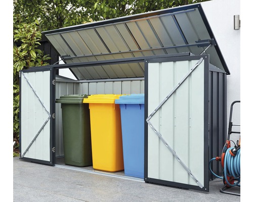 Mülltonnenbox mit geöffneten Türen und drei Mülltonnen