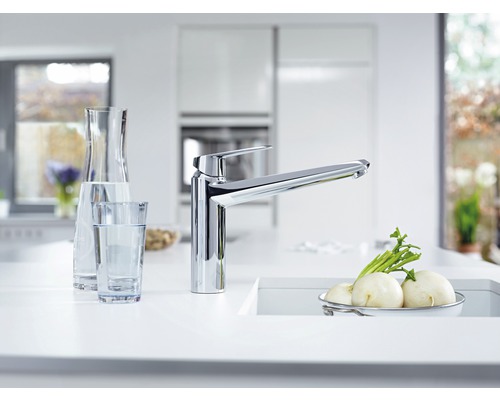 Moderne Küche mit Spültischarmatur, Karaffe, Glas und Gemüse